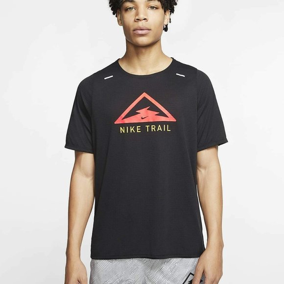 Nike Rise 365 Trail Running Mesh Knit Dri-FIT Short Sleeve Top Black DJ0600-010 - Picture 4 of 8